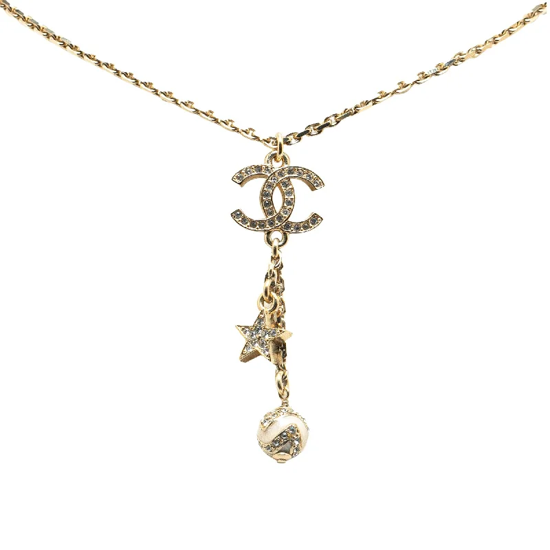 Chanel Gold Plated CC Rhinestones Star and Ball Pendant Necklace (SHG-RS0IWK)