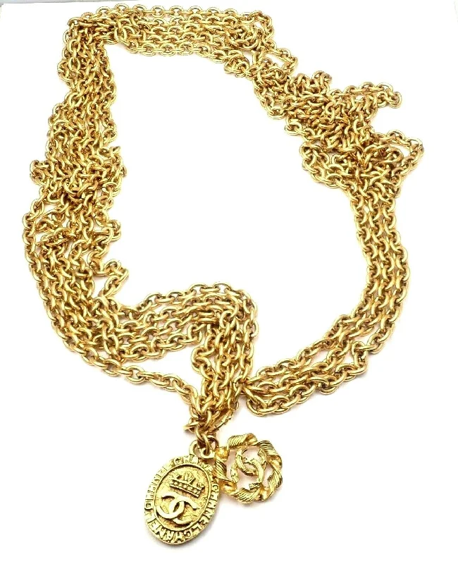 Amazing Authentic Chanel Gold Tone 3 Row Draped Clasp Belt Necklace 34"