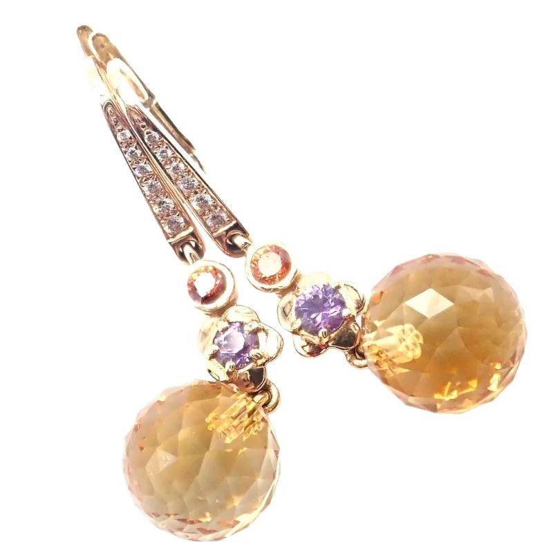 Authentic! Chanel Mademoiselle 18k Yellow Gold Diamond Amethyst Citrine Earrings