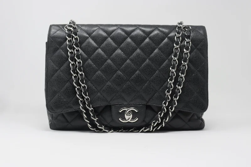 CHANEL 2010 Maxi Caviar Double Flap Bag Silver Hardware