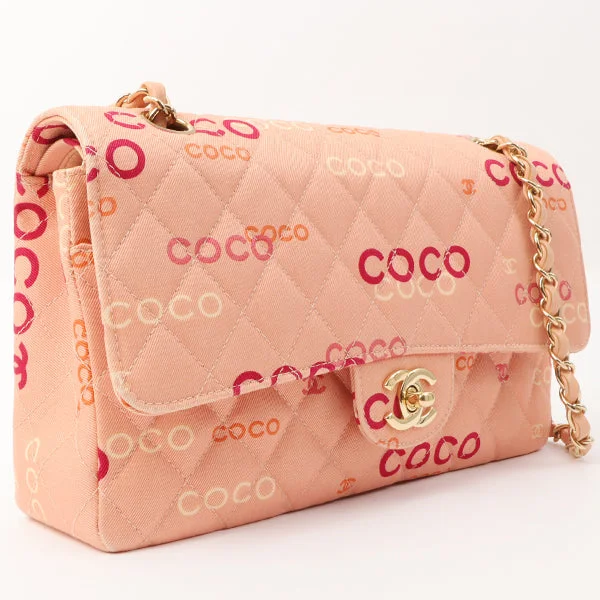 Chanel Around 2001 Made Cotton Logo Print Classic Flap Chain Bag 25Cm Coral Pink Chanel Around 2001 Made Cotton Logo Print Classic Flap Chain Bag 25Cm Coral Pink