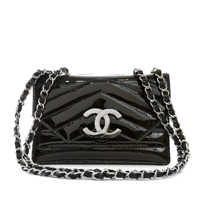 Chanel Black Patent Chevron Mini CC Crossbody w/ Silver Hardware