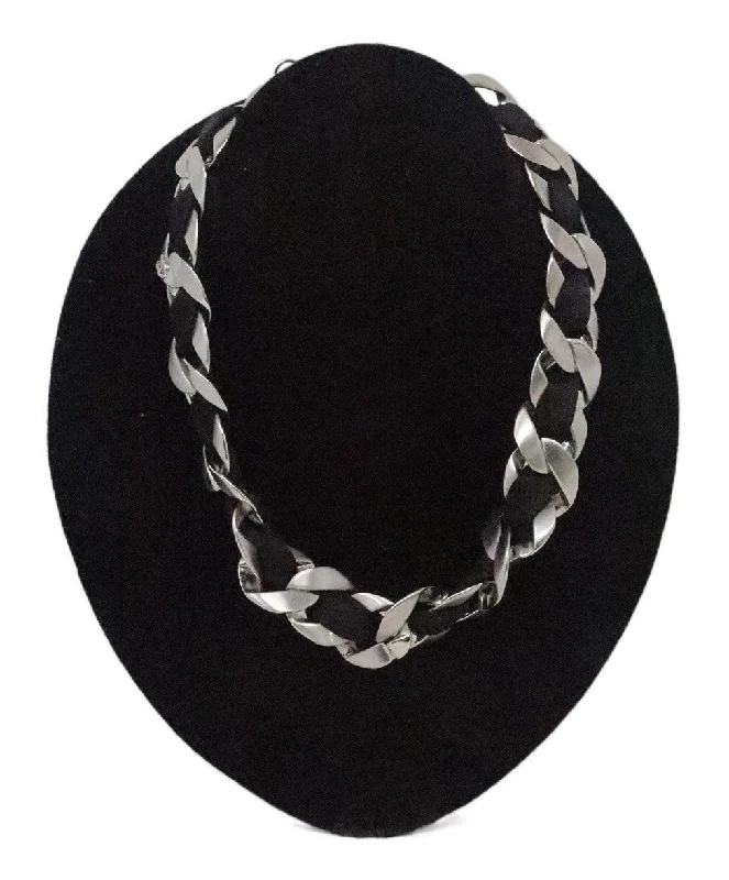 Chanel Black Satin & Silver Chain Necklace