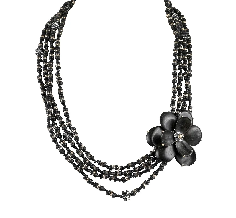 Chanel Black Wooden Bead Necklace w/ Crystals & Camellia