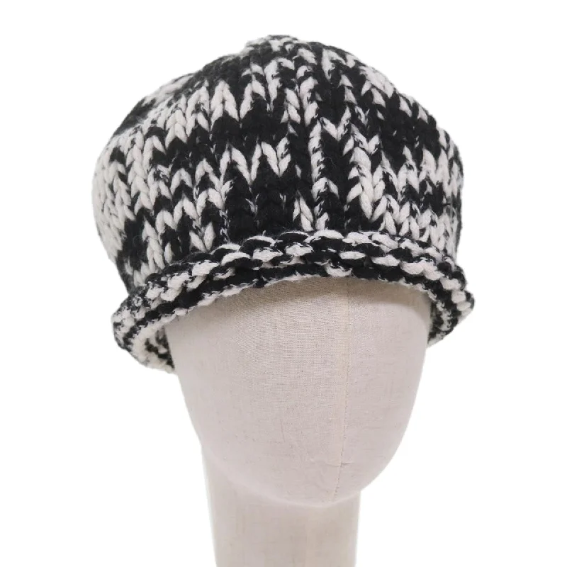 CHANEL COCO Mark Knitted Fabrics Hat Wool Black White CC  am5382