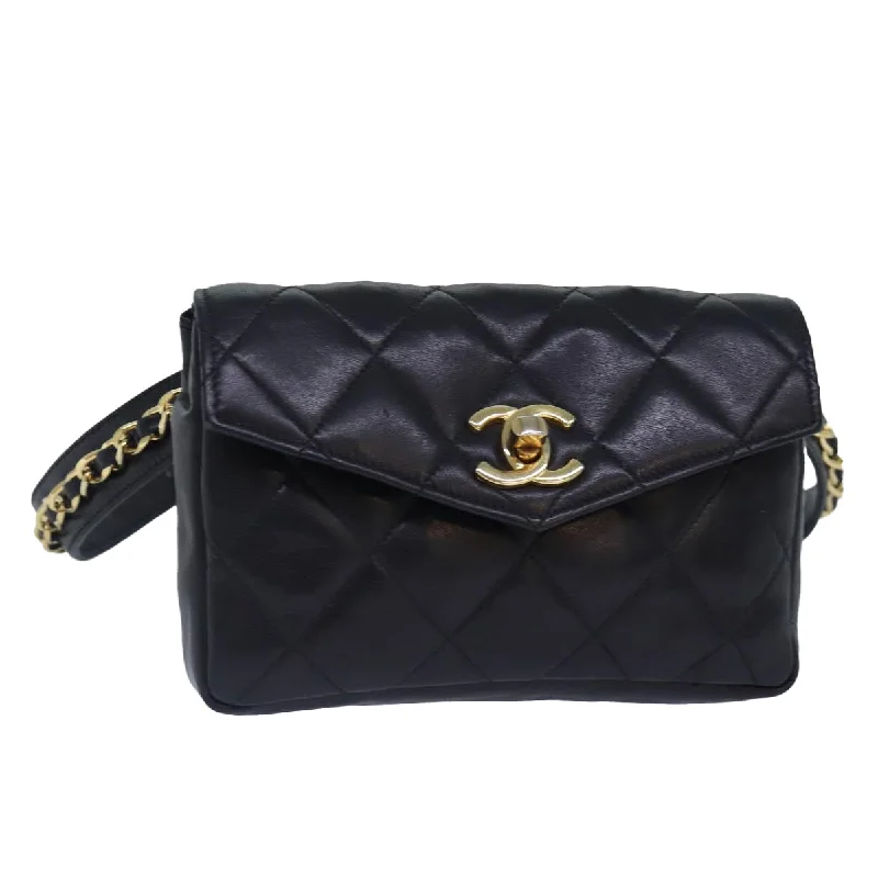 CHANEL Matelasse Chain Waist bag Lamb Skin Black Gold CC  bs17157