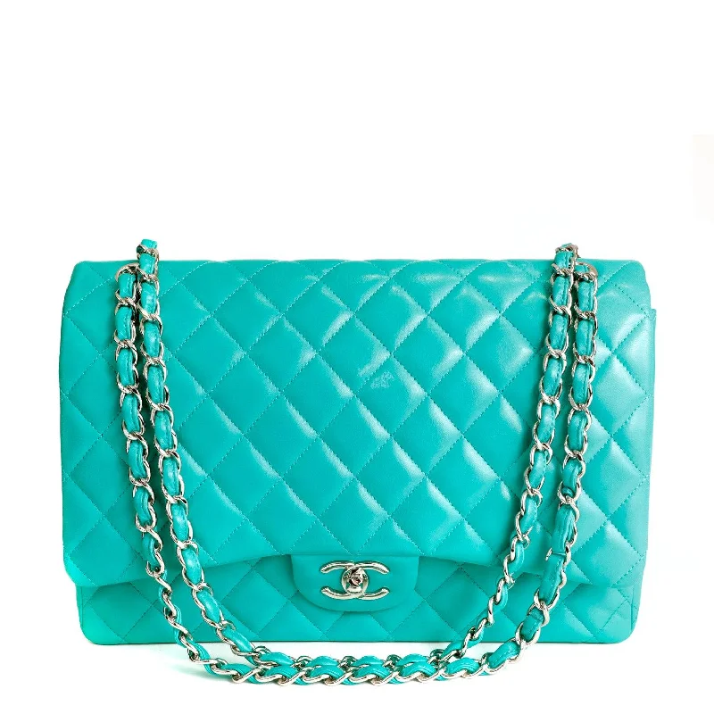 Chanel Mint Lagoon Quilted Lambskin Classic Double Flap w/ Silver Hardware