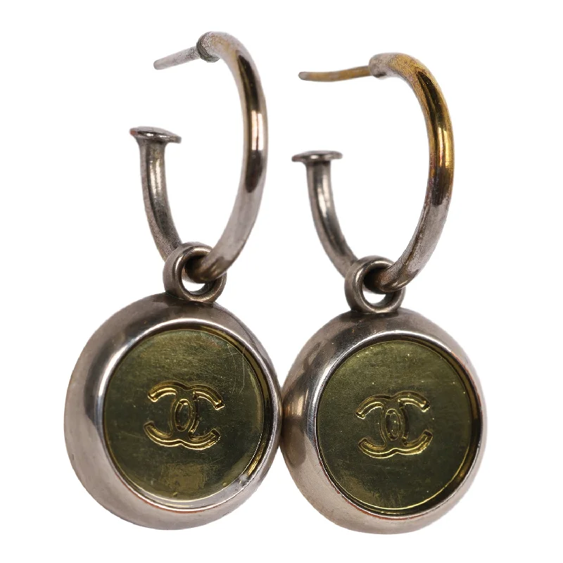 Logo Silver Disc Hoop Pierced Earrings (Authentic Pre-owned)