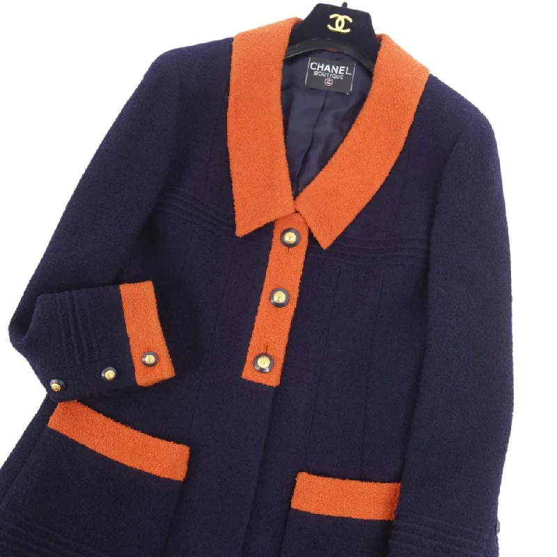 Vint Chanel Jacket 93A Wool Tweed Coco Button French Made M Equivalent Navy/Orange Vint Chanel Jacket 93A Wool Tweed Coco Button French Made M Equivalent Navy/Orange
