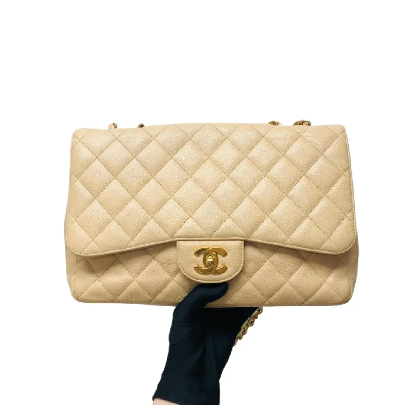 Jumbo Single Flap Caviar Leather Beige GHW