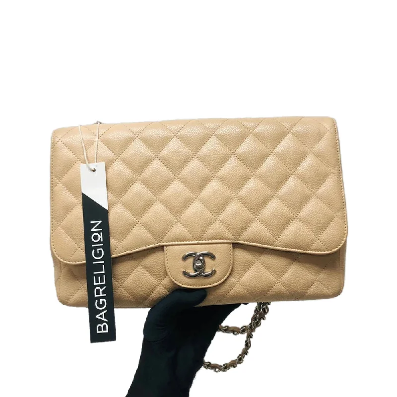 Single Flap Jumbo in Beige Caviar with SHW